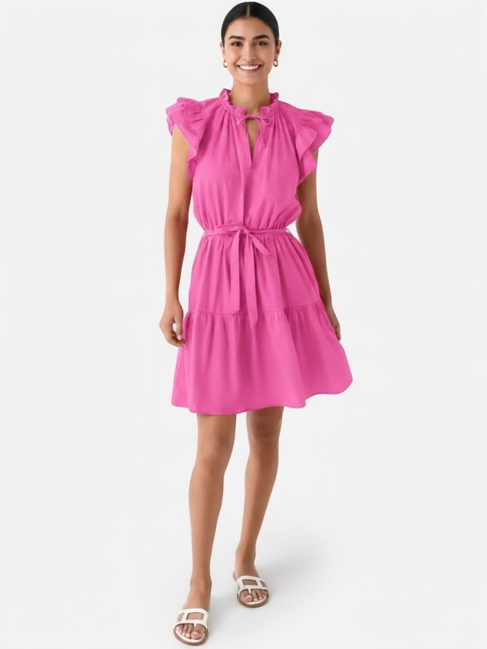 Stark X Austin Cotton Dress Flutter Sleeve Ruffle Collar Split VNeck Tie Waist